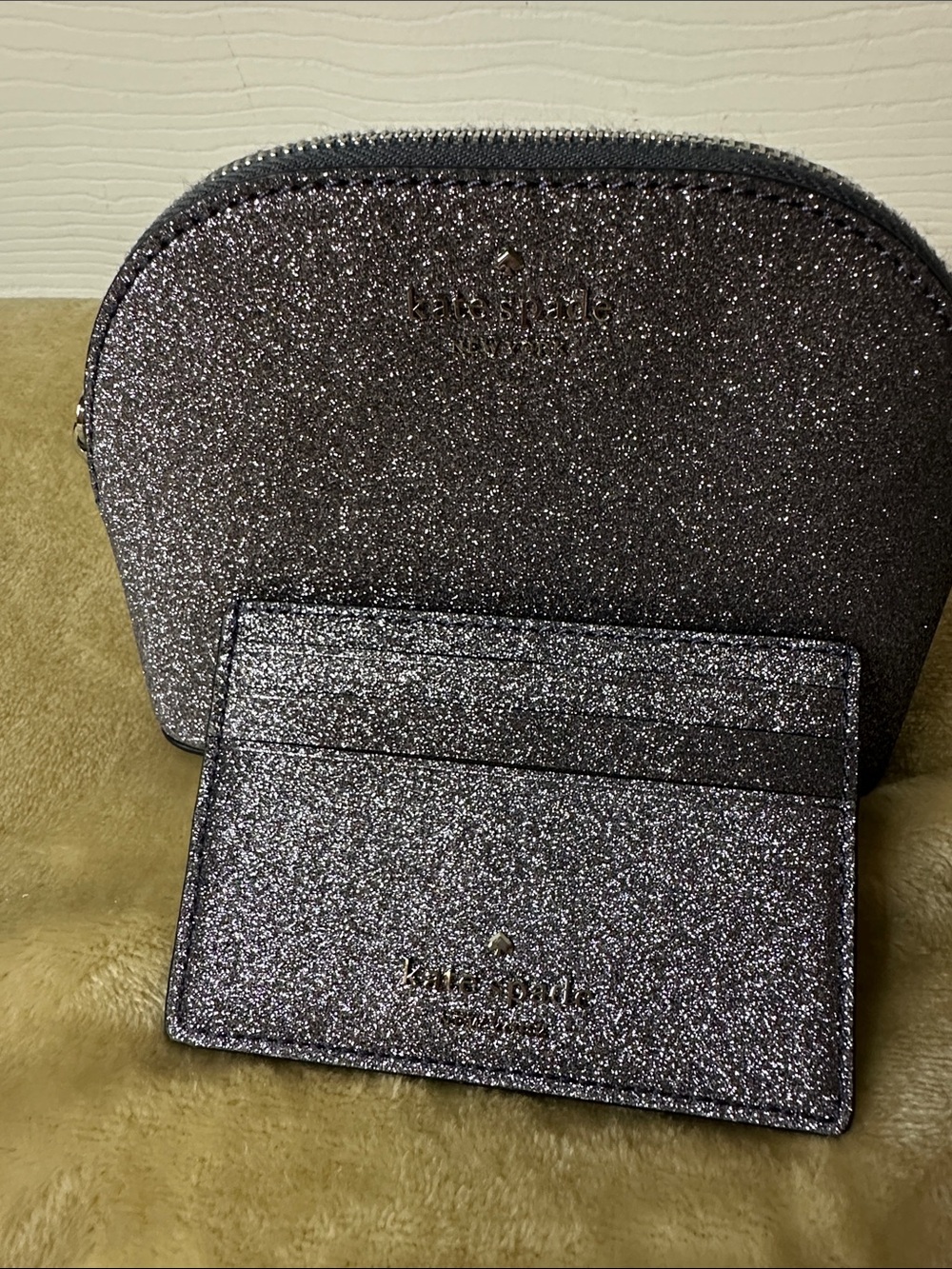 kate spade Glitter Lola Card Holder and Joeley Dome Cosmetic Pouch Set  NWOT